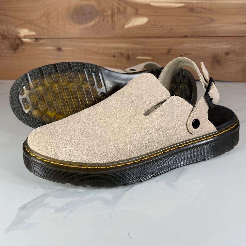Dr. Martens Carlson Suede Mules Beige Sand Mens 9 Lusso Buckle Clogs Minimalist